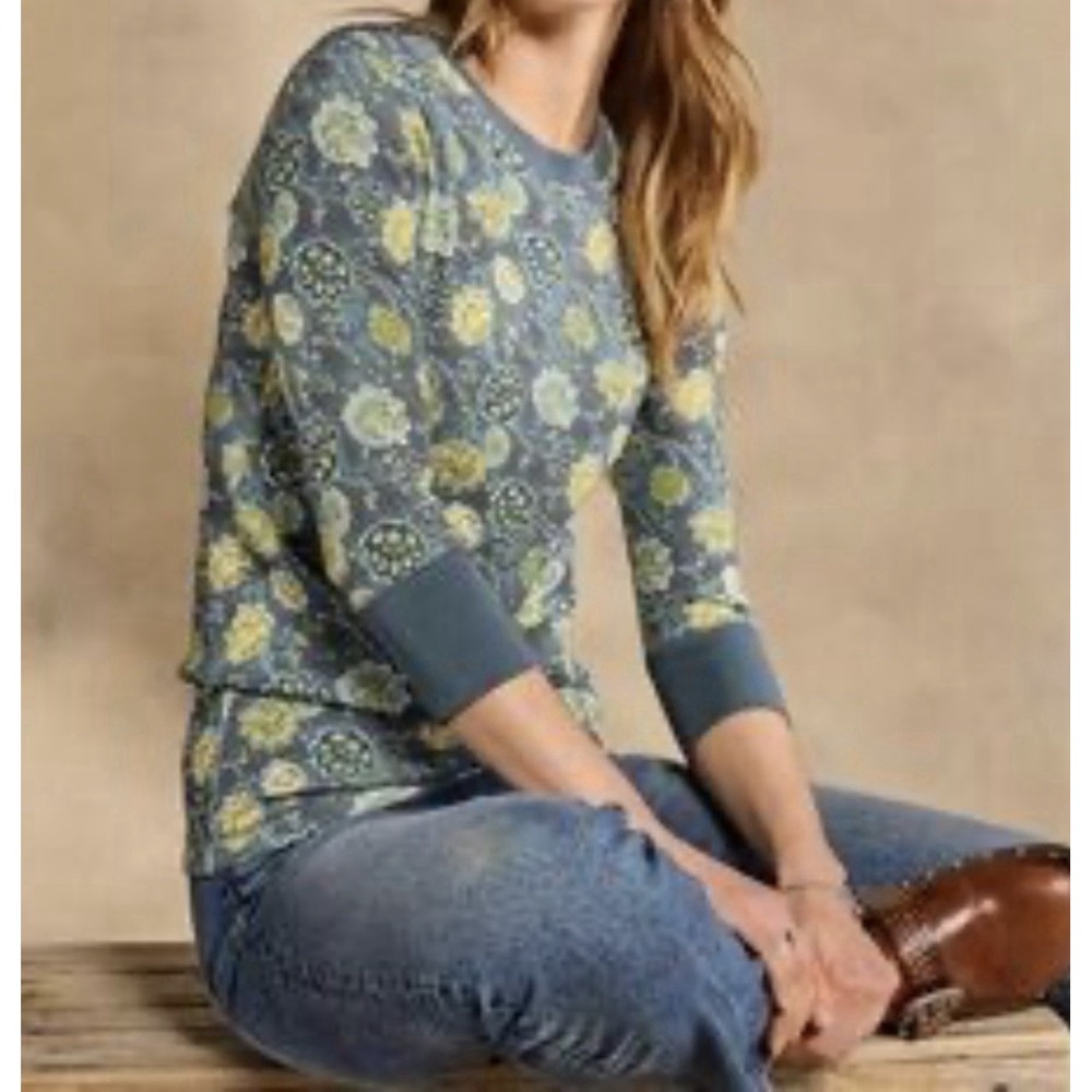 Sundance Thermal Top XXL Gray Yellow Floral Haven  Boho‎ Waffle Knit 3/4 Sleeve